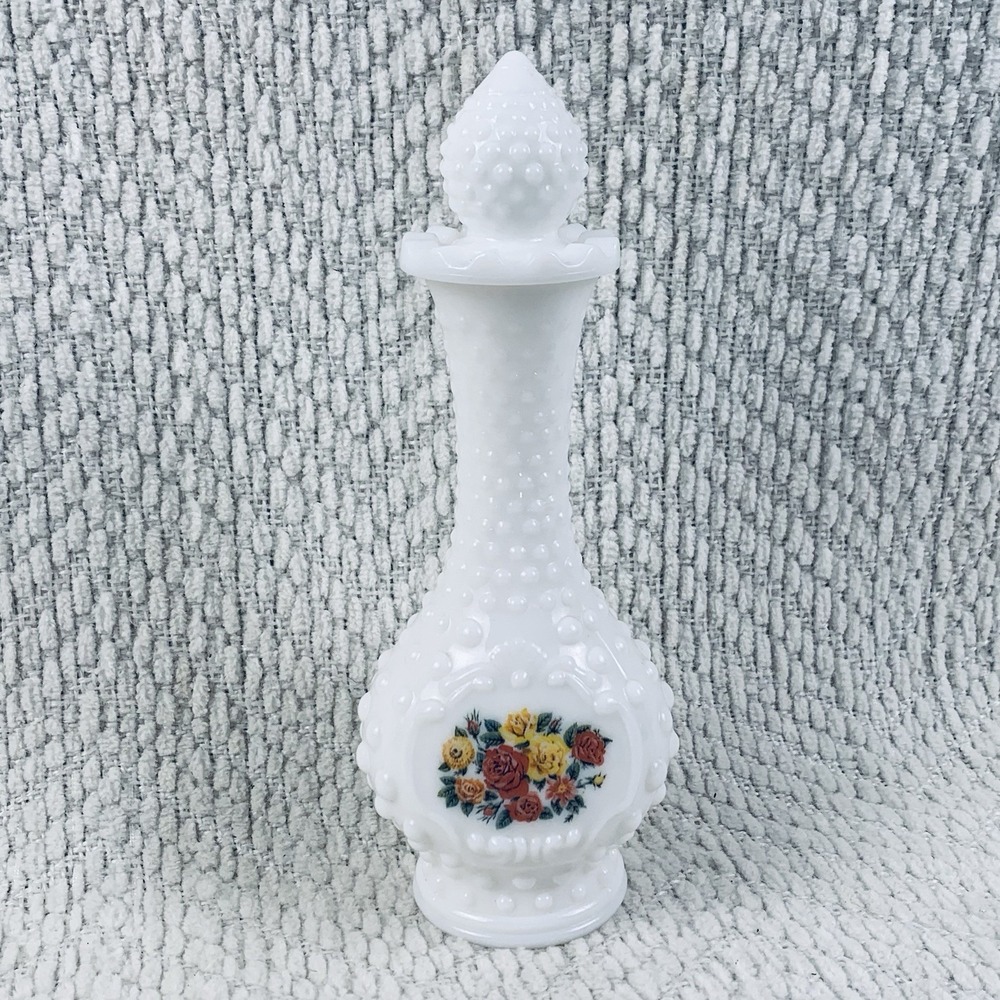 Vintage Hobnail Milk Glass Avon Cologne Bottle Decanter White Floral Flowers EUC